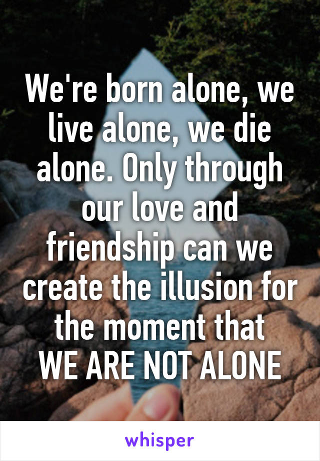 We're born alone, we live alone, we die alone. Only through our love and friendship can we create the illusion for the moment that
WE ARE NOT ALONE