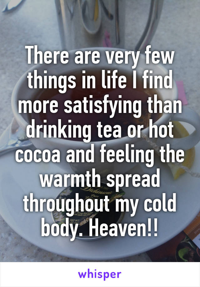 There are very few things in life I find more satisfying than drinking tea or hot cocoa and feeling the warmth spread throughout my cold body. Heaven!!