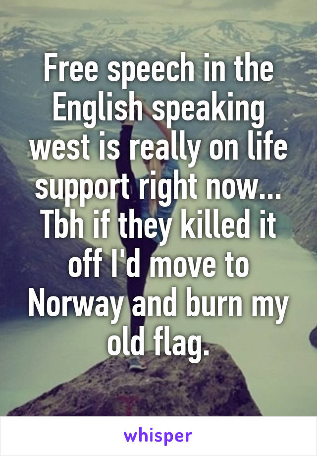 Free speech in the English speaking west is really on life support right now... Tbh if they killed it off I'd move to Norway and burn my old flag.

