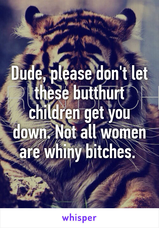 Dude, please don't let these butthurt children get you down. Not all women are whiny bitches. 