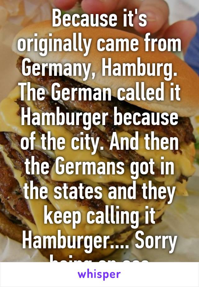 Because it's originally came from Germany, Hamburg. The German called it Hamburger because of the city. And then the Germans got in the states and they keep calling it Hamburger.... Sorry being an ass
