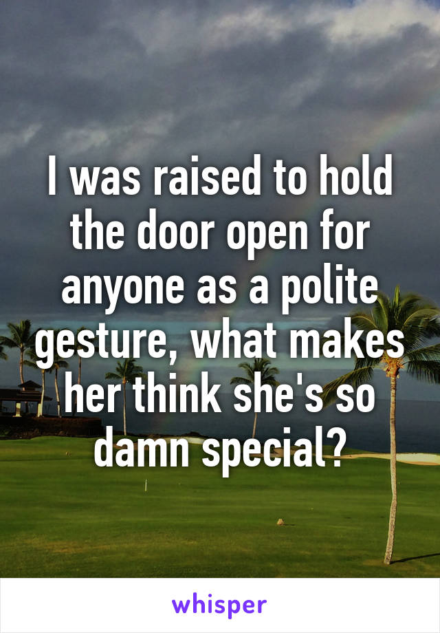 I was raised to hold the door open for anyone as a polite gesture, what makes her think she's so damn special?