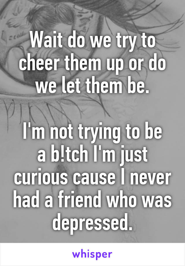 Wait do we try to cheer them up or do we let them be.

I'm not trying to be a b!tch I'm just curious cause I never had a friend who was depressed.