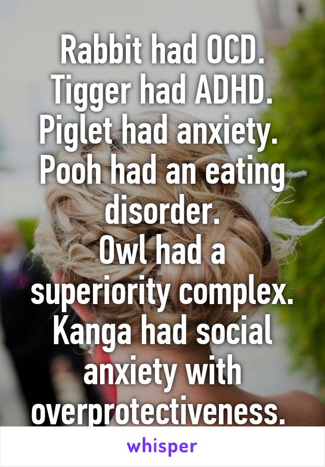 Rabbit had OCD.
Tigger had ADHD.
Piglet had anxiety. 
Pooh had an eating disorder.
Owl had a superiority complex.
Kanga had social anxiety with overprotectiveness. 