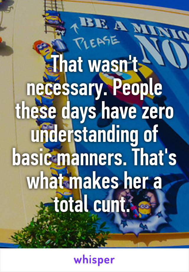 That wasn't necessary. People these days have zero understanding of basic manners. That's what makes her a total cunt. 