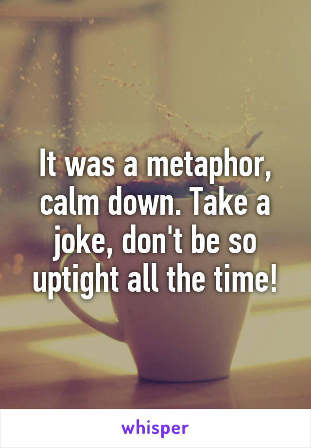 It was a metaphor, calm down. Take a joke, don't be so uptight all the time!