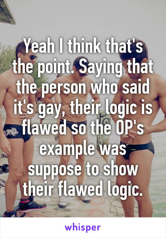 Yeah I think that's the point. Saying that the person who said it's gay, their logic is flawed so the OP's example was suppose to show their flawed logic.