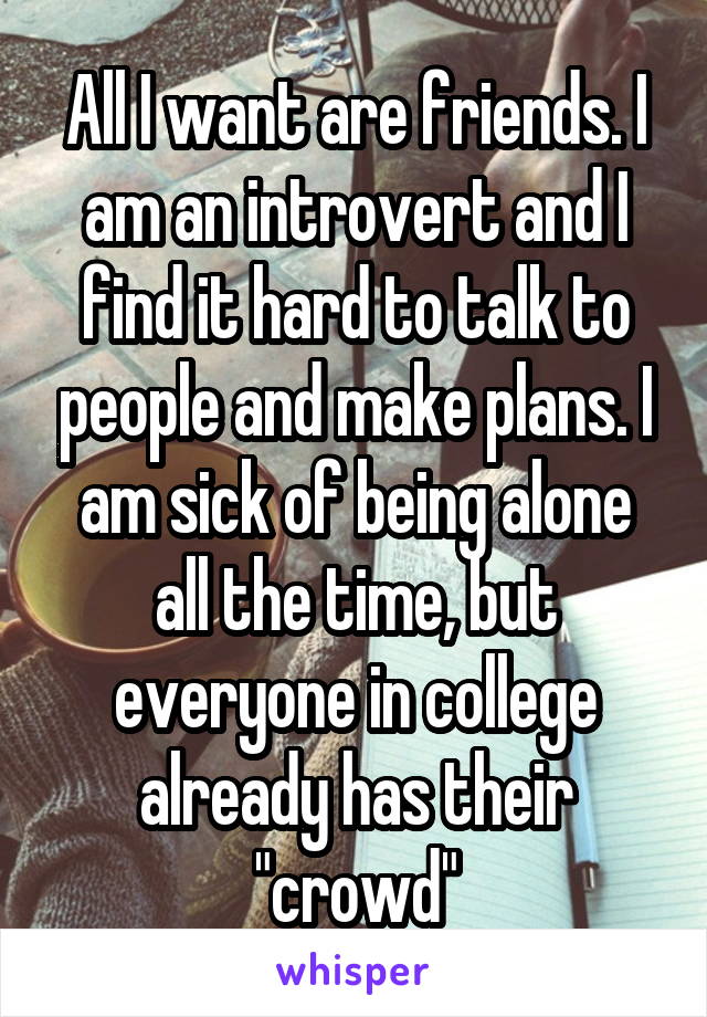 All I want are friends. I am an introvert and I find it hard to talk to people and make plans. I am sick of being alone all the time, but everyone in college already has their "crowd"