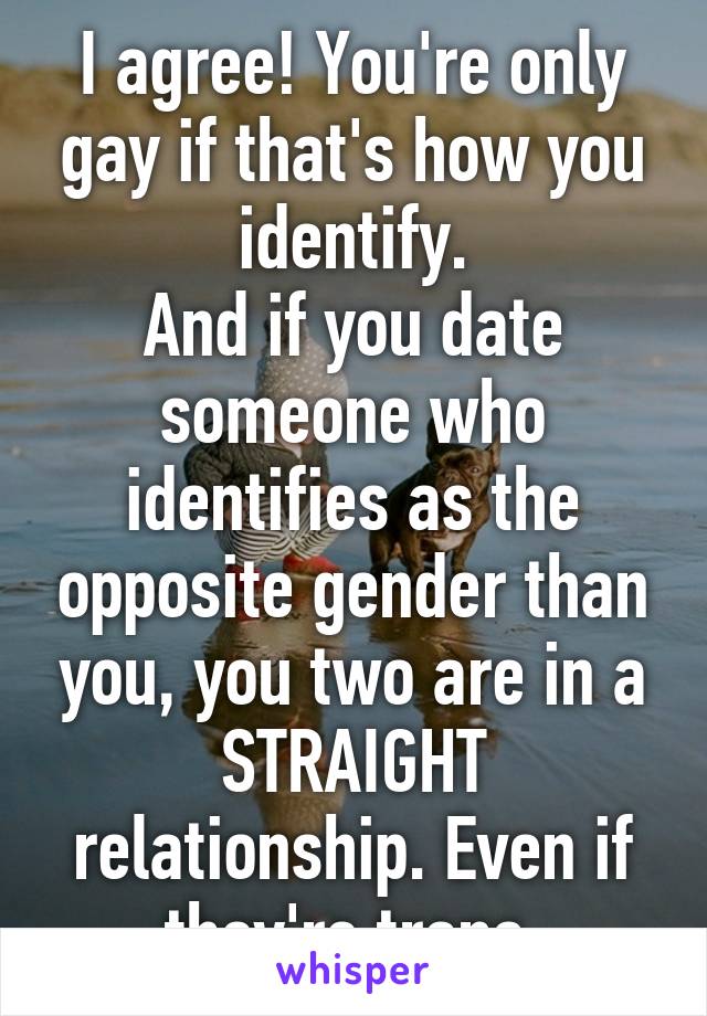 I agree! You're only gay if that's how you identify.
And if you date someone who identifies as the opposite gender than you, you two are in a STRAIGHT relationship. Even if they're trans.
