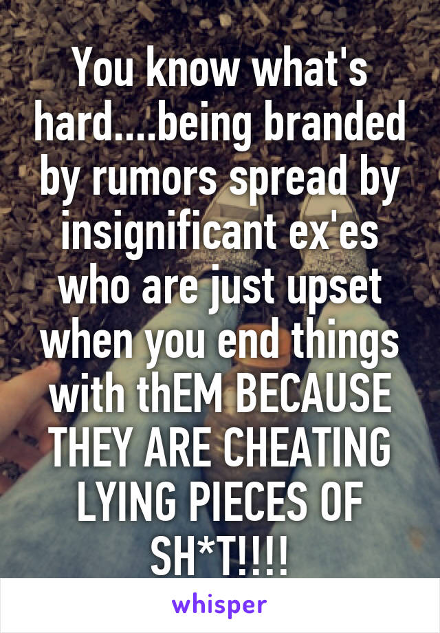 You know what's hard....being branded by rumors spread by insignificant ex'es who are just upset when you end things with thEM BECAUSE THEY ARE CHEATING LYING PIECES OF SH*T!!!!