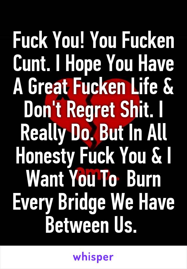 Fuck You! You Fucken Cunt. I Hope You Have A Great Fucken Life & Don't Regret Shit. I Really Do. But In All Honesty Fuck You & I Want You To  Burn Every Bridge We Have Between Us. 