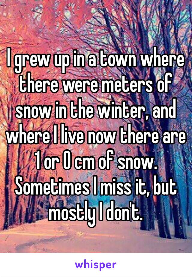 I grew up in a town where there were meters of snow in the winter, and where I live now there are 1 or 0 cm of snow. Sometimes I miss it, but mostly I don't.