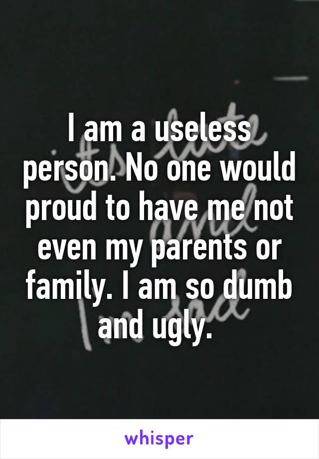 I am a useless person. No one would proud to have me not even my parents or family. I am so dumb and ugly. 