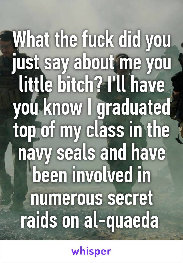 What the fuck did you just say about me you little bitch? I'll have you know I graduated top of my class in the navy seals and have been involved in numerous secret raids on al-quaeda 