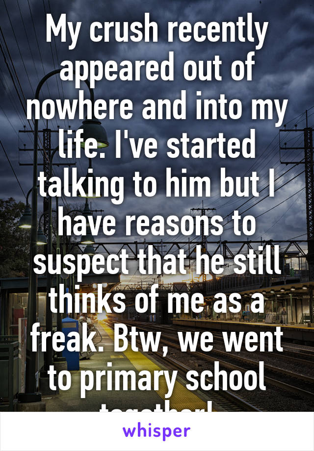 My crush recently appeared out of nowhere and into my life. I've started talking to him but I have reasons to suspect that he still thinks of me as a freak. Btw, we went to primary school together!