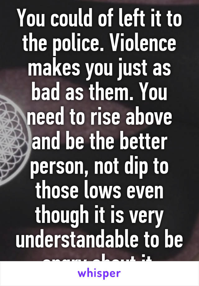 You could of left it to the police. Violence makes you just as bad as them. You need to rise above and be the better person, not dip to those lows even though it is very understandable to be angry about it.