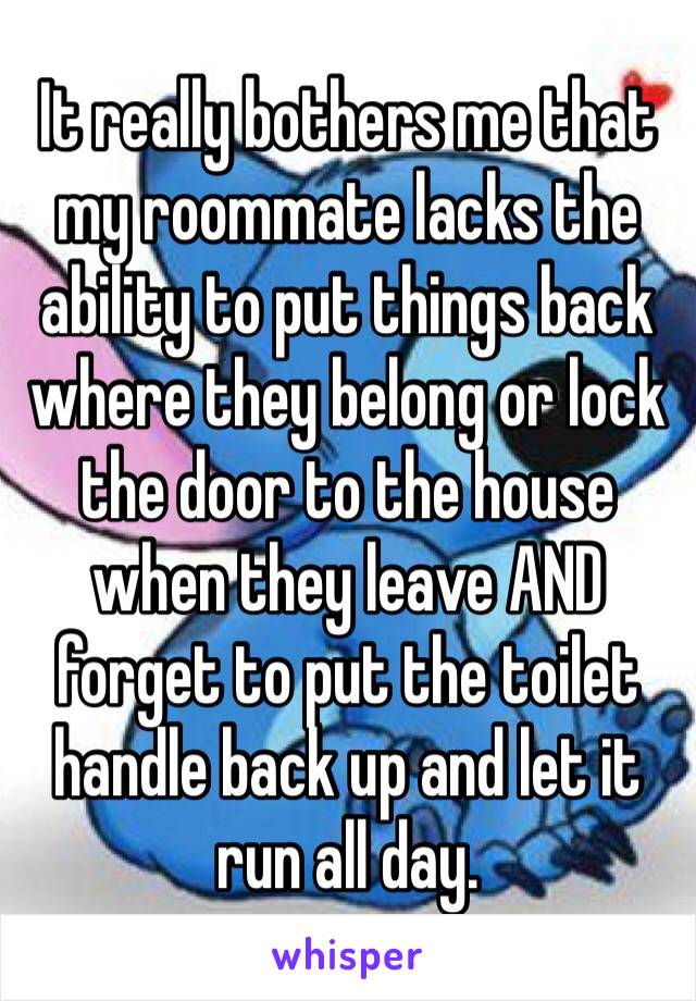 It really bothers me that my roommate lacks the ability to put things back where they belong or lock the door to the house when they leave AND forget to put the toilet handle back up and let it run all day.