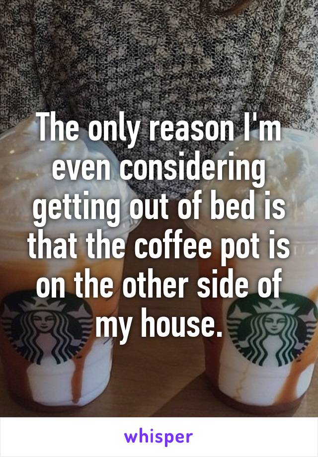 The only reason I'm even considering getting out of bed is that the coffee pot is on the other side of my house.