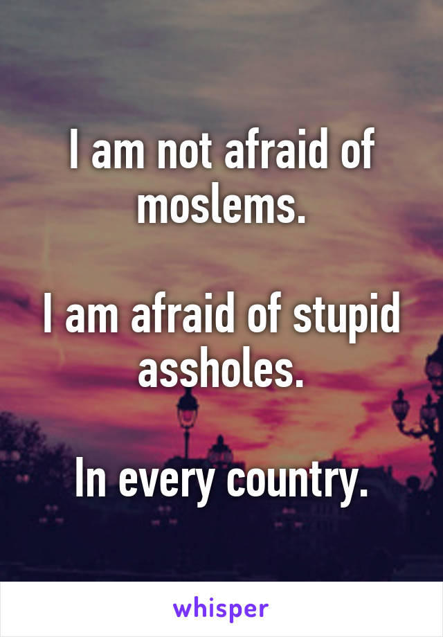 I am not afraid of moslems.

I am afraid of stupid assholes.

In every country.