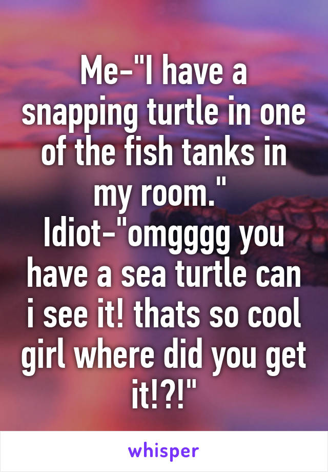 Me-"I have a snapping turtle in one of the fish tanks in my room." 
Idiot-"omgggg you have a sea turtle can i see it! thats so cool girl where did you get it!?!"