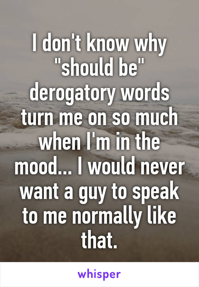 I don't know why "should be" derogatory words turn me on so much when I'm in the mood... I would never want a guy to speak to me normally like that.