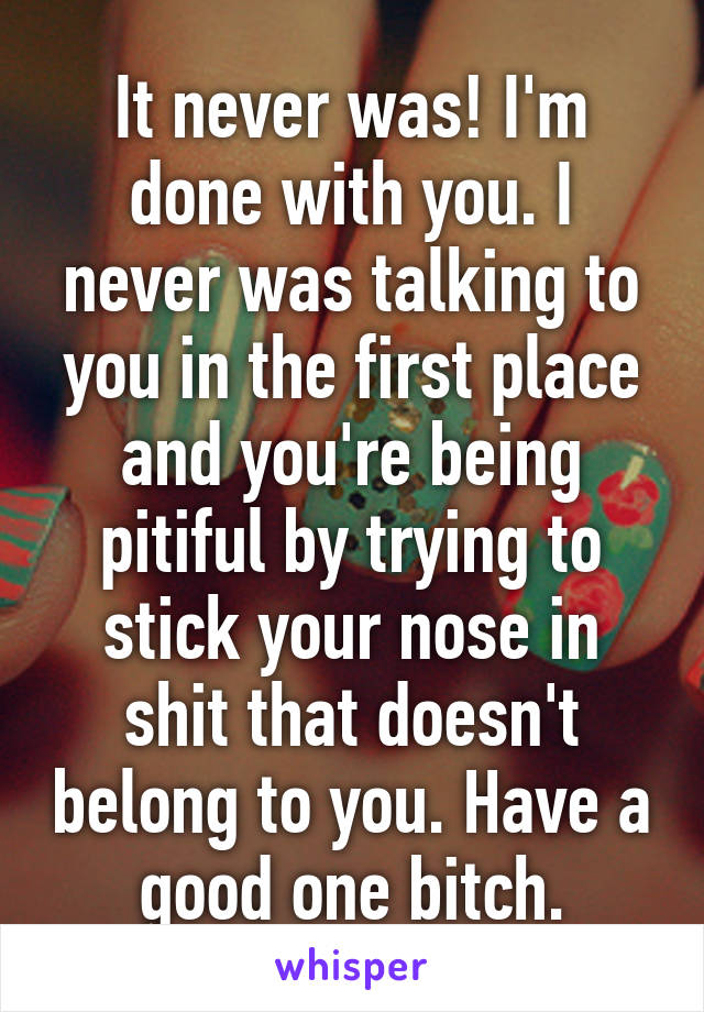 It never was! I'm done with you. I never was talking to you in the first place and you're being pitiful by trying to stick your nose in shit that doesn't belong to you. Have a good one bitch.