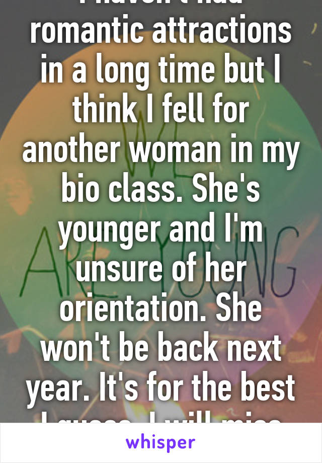 I haven't had romantic attractions in a long time but I think I fell for another woman in my bio class. She's younger and I'm unsure of her orientation. She won't be back next year. It's for the best I guess. I will miss her dark eyes tho. 