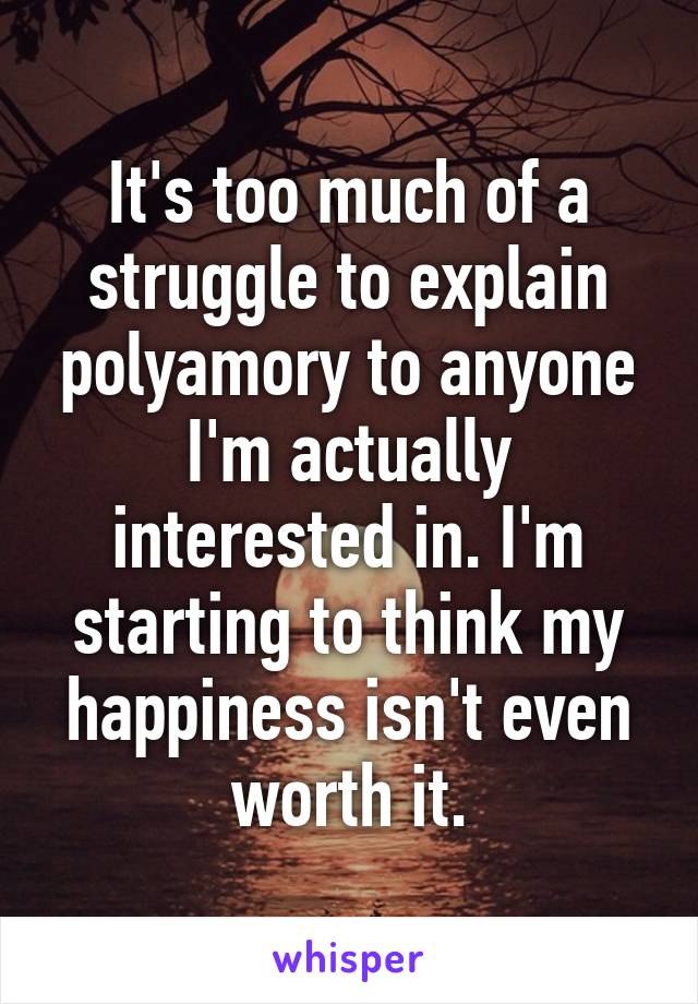 It's too much of a struggle to explain polyamory to anyone I'm actually interested in. I'm starting to think my happiness isn't even worth it.