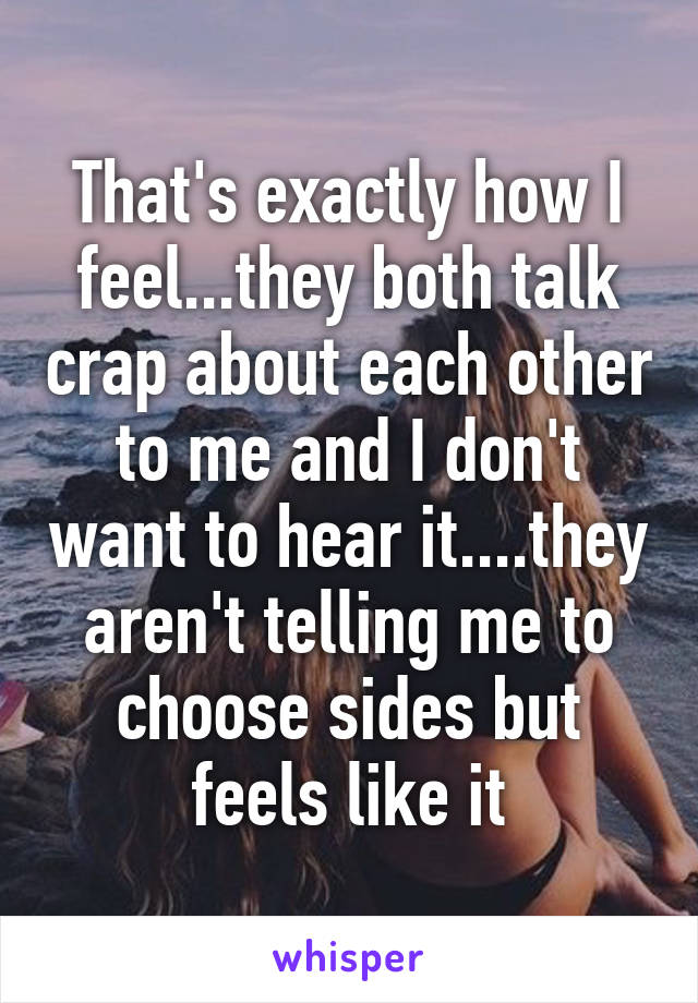 That's exactly how I feel...they both talk crap about each other to me and I don't want to hear it....they aren't telling me to choose sides but feels like it