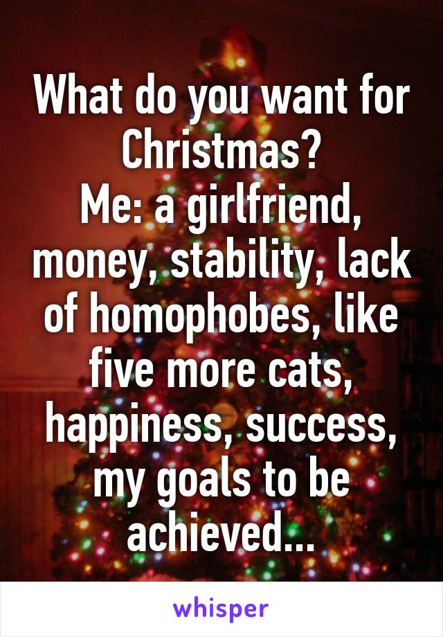 What do you want for Christmas?
Me: a girlfriend, money, stability, lack of homophobes, like five more cats, happiness, success, my goals to be achieved...