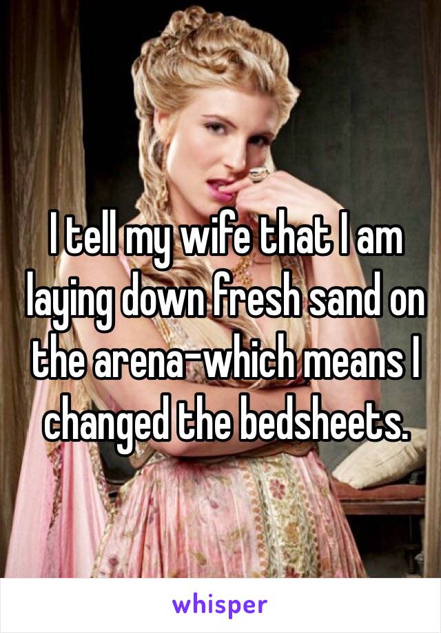 I tell my wife that I am laying down fresh sand on the arena-which means I changed the bedsheets.