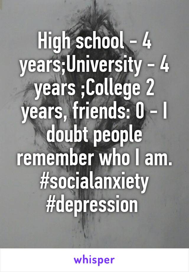 High school - 4 years;University - 4 years ;College 2 years, friends: 0 - I doubt people remember who I am. #socialanxiety #depression 
