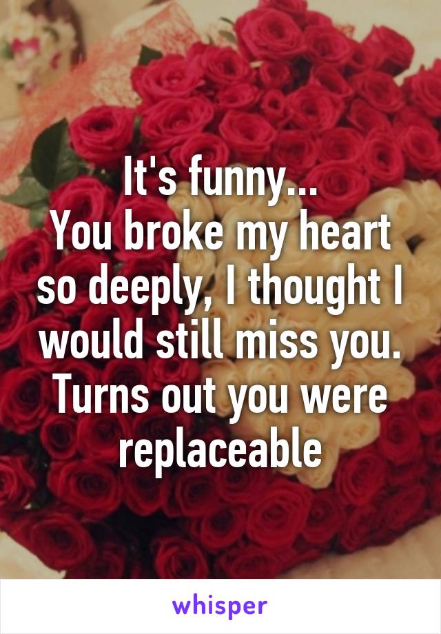 It's funny...
You broke my heart so deeply, I thought I would still miss you.
Turns out you were replaceable