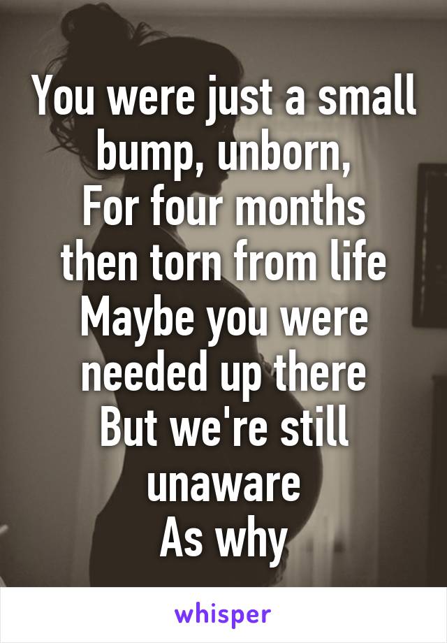 You were just a small bump, unborn,
For four months then torn from life
Maybe you were needed up there
But we're still unaware
As why