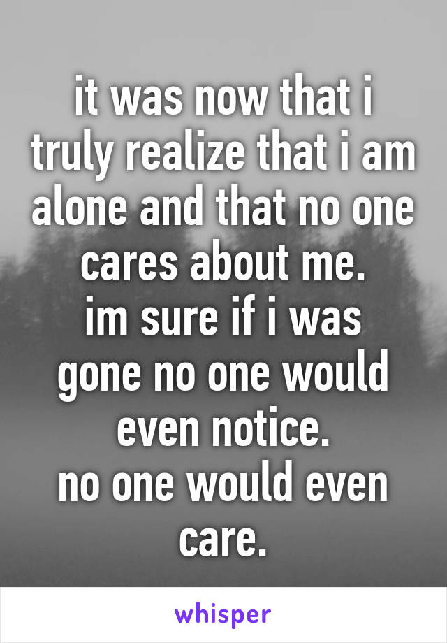 it was now that i truly realize that i am alone and that no one cares about me.
im sure if i was gone no one would even notice.
no one would even care.