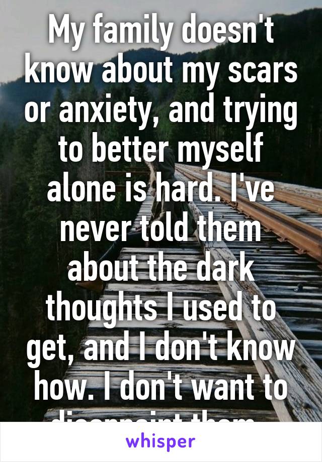 My family doesn't know about my scars or anxiety, and trying to better myself alone is hard. I've never told them about the dark thoughts I used to get, and I don't know how. I don't want to disappoint them. 