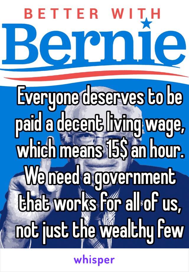 Everyone deserves to be paid a decent living wage, which means 15$ an hour. We need a government that works for all of us, not just the wealthy few