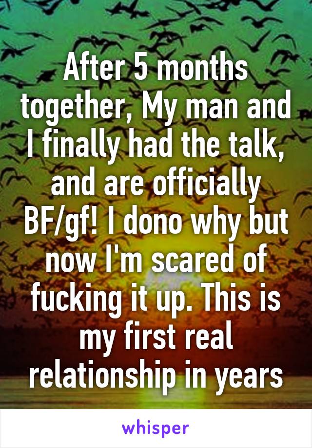 After 5 months together, My man and I finally had the talk, and are officially BF/gf! I dono why but now I'm scared of fucking it up. This is my first real relationship in years