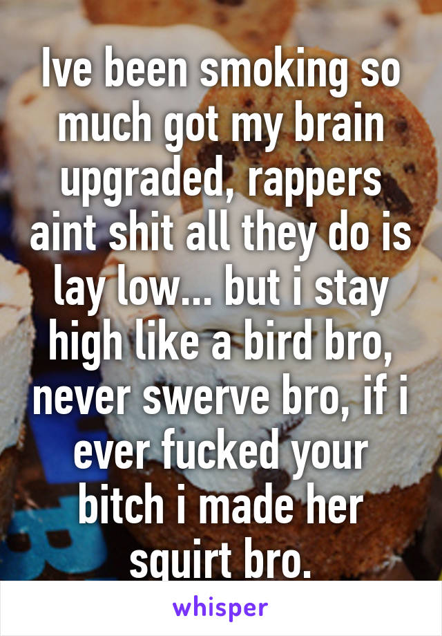 Ive been smoking so much got my brain upgraded, rappers aint shit all they do is lay low... but i stay high like a bird bro, never swerve bro, if i ever fucked your bitch i made her squirt bro.