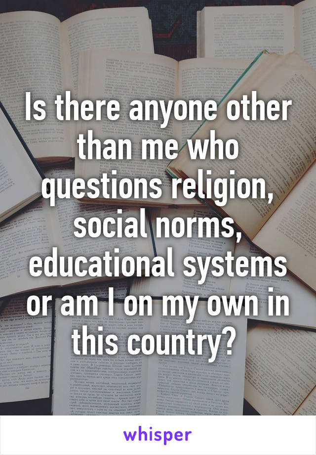 Is there anyone other than me who questions religion, social norms, educational systems or am I on my own in this country? 