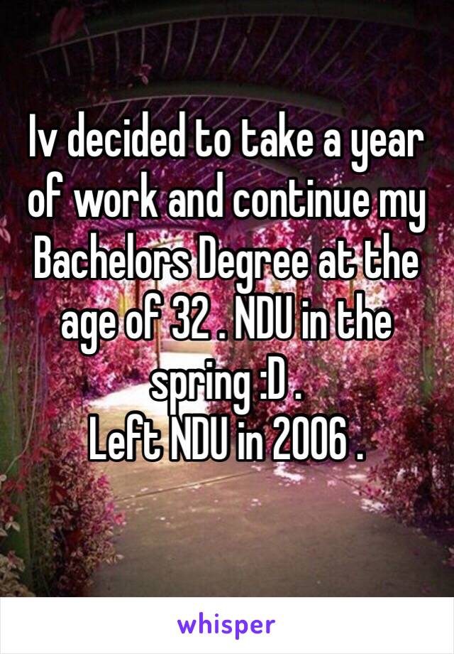 Iv decided to take a year of work and continue my Bachelors Degree at the age of 32 . NDU in the spring :D .
Left NDU in 2006 . 
