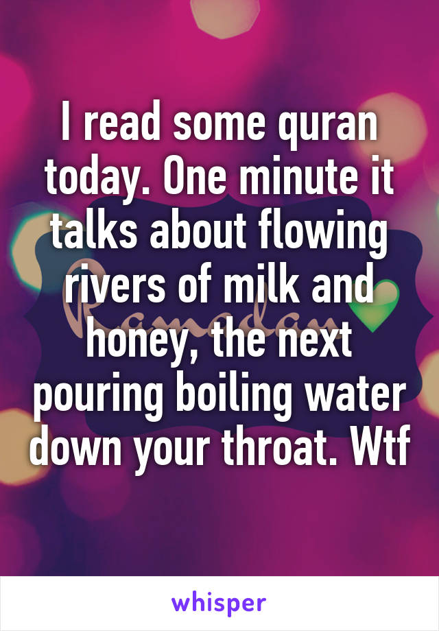 I read some quran today. One minute it talks about flowing rivers of milk and honey, the next pouring boiling water down your throat. Wtf 