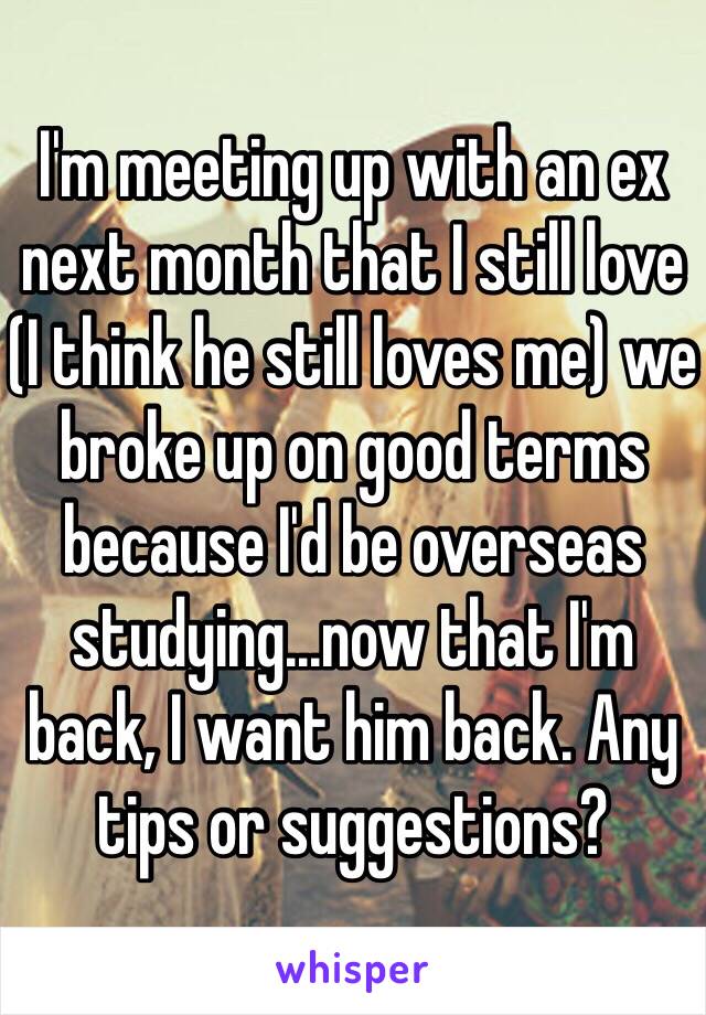 I'm meeting up with an ex next month that I still love (I think he still loves me) we broke up on good terms because I'd be overseas studying...now that I'm back, I want him back. Any tips or suggestions? 