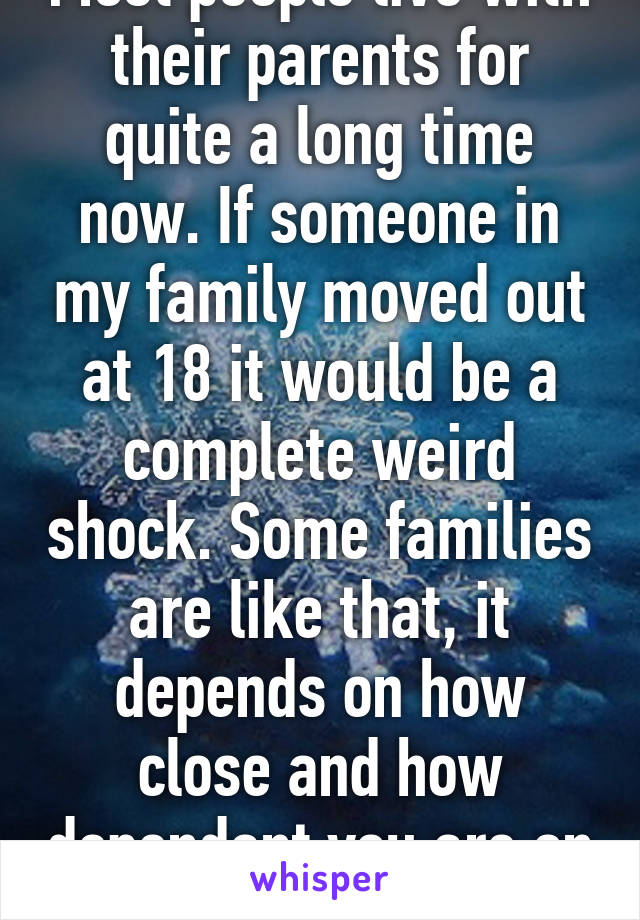 Most people live with their parents for quite a long time now. If someone in my family moved out at 18 it would be a complete weird shock. Some families are like that, it depends on how close and how dependant you are on each other.