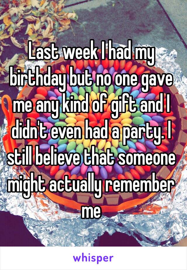 Last week I had my birthday but no one gave me any kind of gift and I didn't even had a party. I still believe that someone might actually remember me 