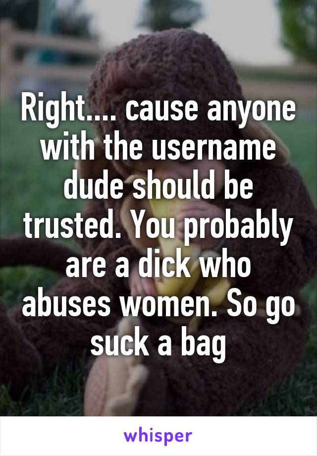 Right.... cause anyone with the username dude should be trusted. You probably are a dick who abuses women. So go suck a bag