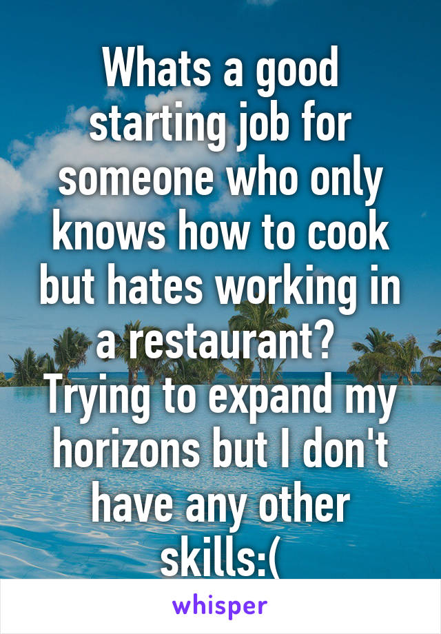 Whats a good starting job for someone who only knows how to cook but hates working in a restaurant? 
Trying to expand my horizons but I don't have any other skills:(