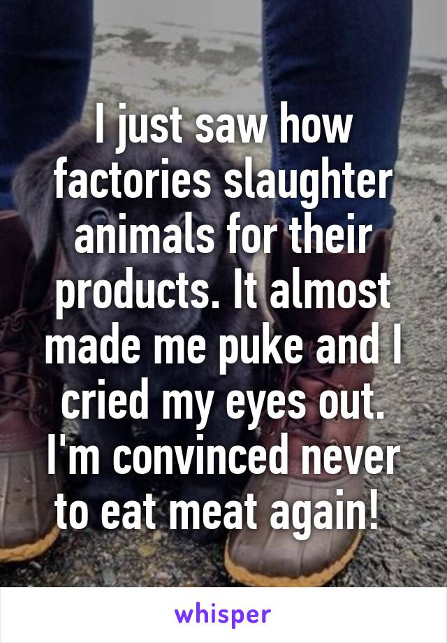 I just saw how factories slaughter animals for their products. It almost made me puke and I cried my eyes out. I'm convinced never to eat meat again! 