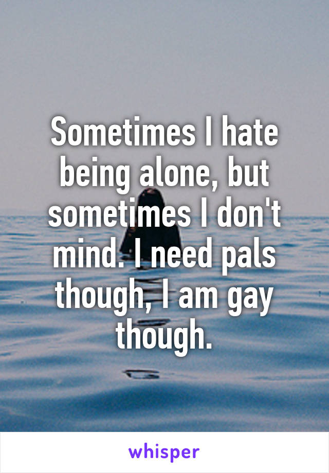 Sometimes I hate being alone, but sometimes I don't mind. I need pals though, I am gay though.