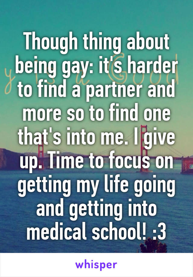 Though thing about being gay: it's harder to find a partner and more so to find one that's into me. I give up. Time to focus on getting my life going and getting into medical school! :3